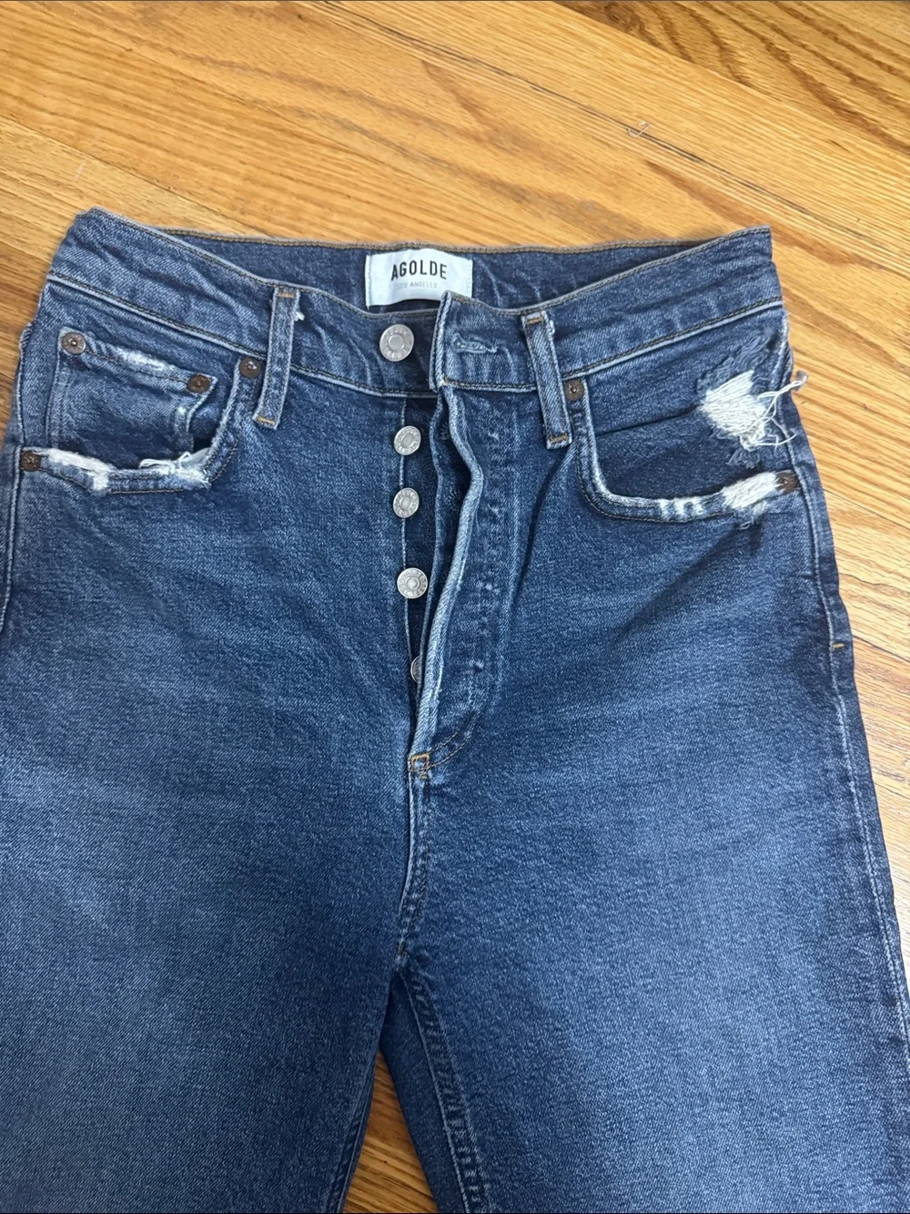 AGOLDE Dark Blue High-Rise Straight Leg Jeans with Distressed Hem - Picture 2 of 7